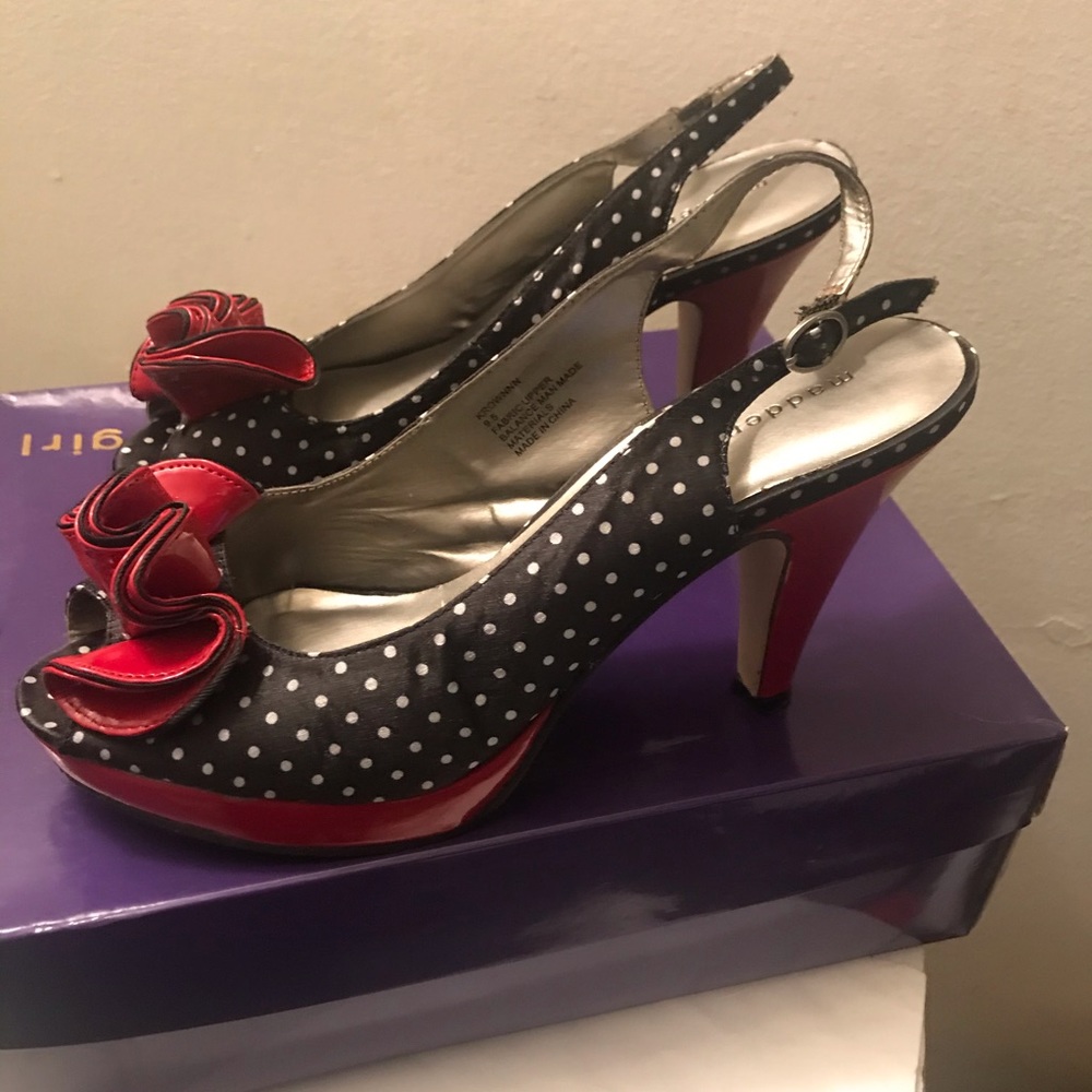 Black and white polkadot heels